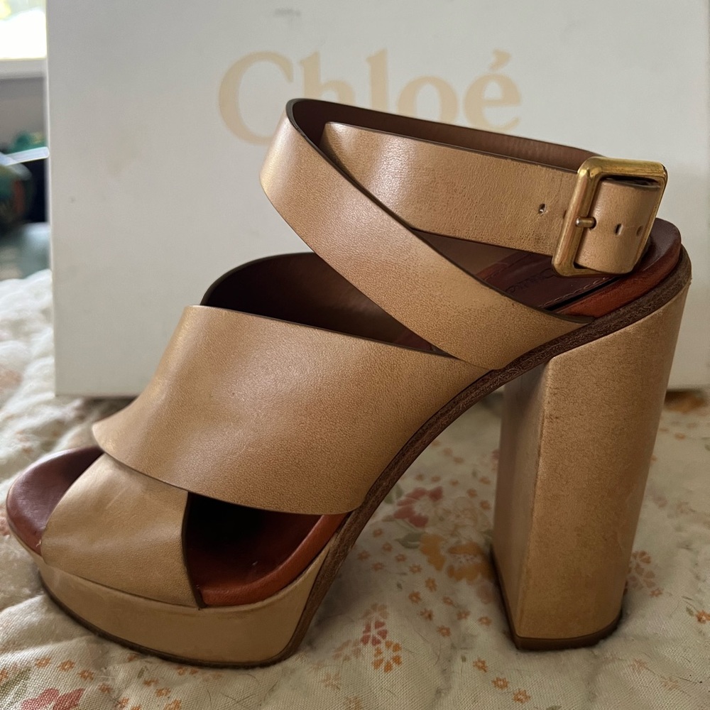 Chloe Strappy Leather Platform Sandals - Tan Size 38.5 - Picture 7 of 15